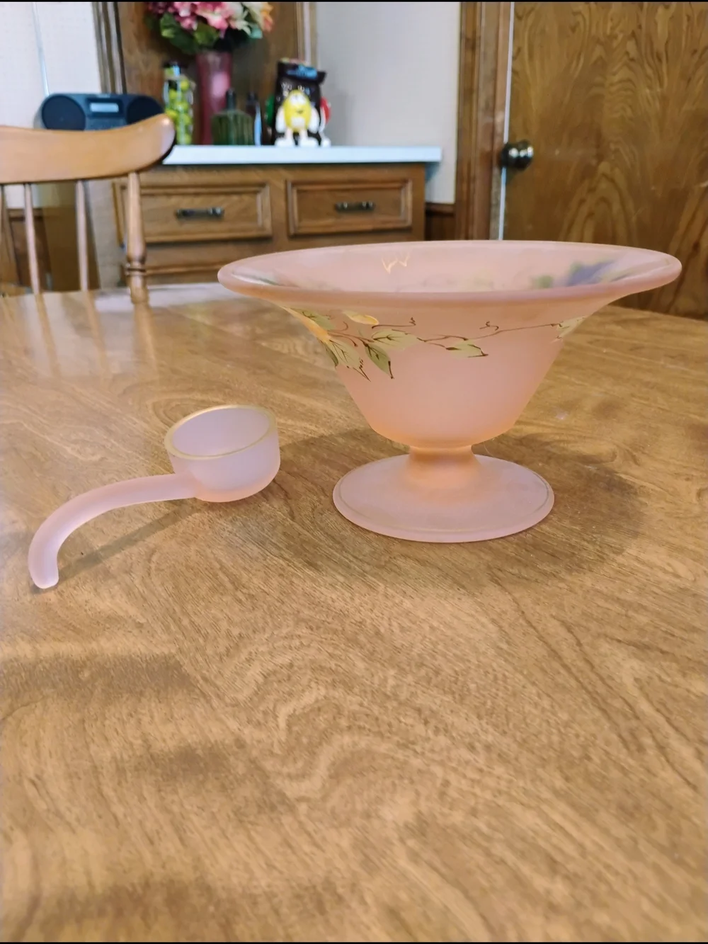 Vintage Tiffin Satin Pink Mayonnaise Bowl With Spoon Floral Poppies Gold Trim